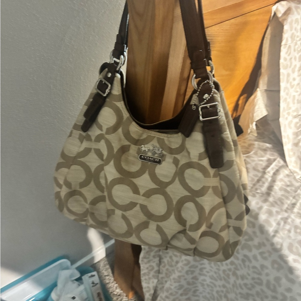 Coach Cream and Brown Hobo Bag with Signature Design-Madison Maggie , clean - Picture 4 of 11